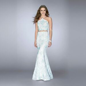 La Femme White/Mint Embellished Lace Halter Two Piece Set Top Maxi skirt